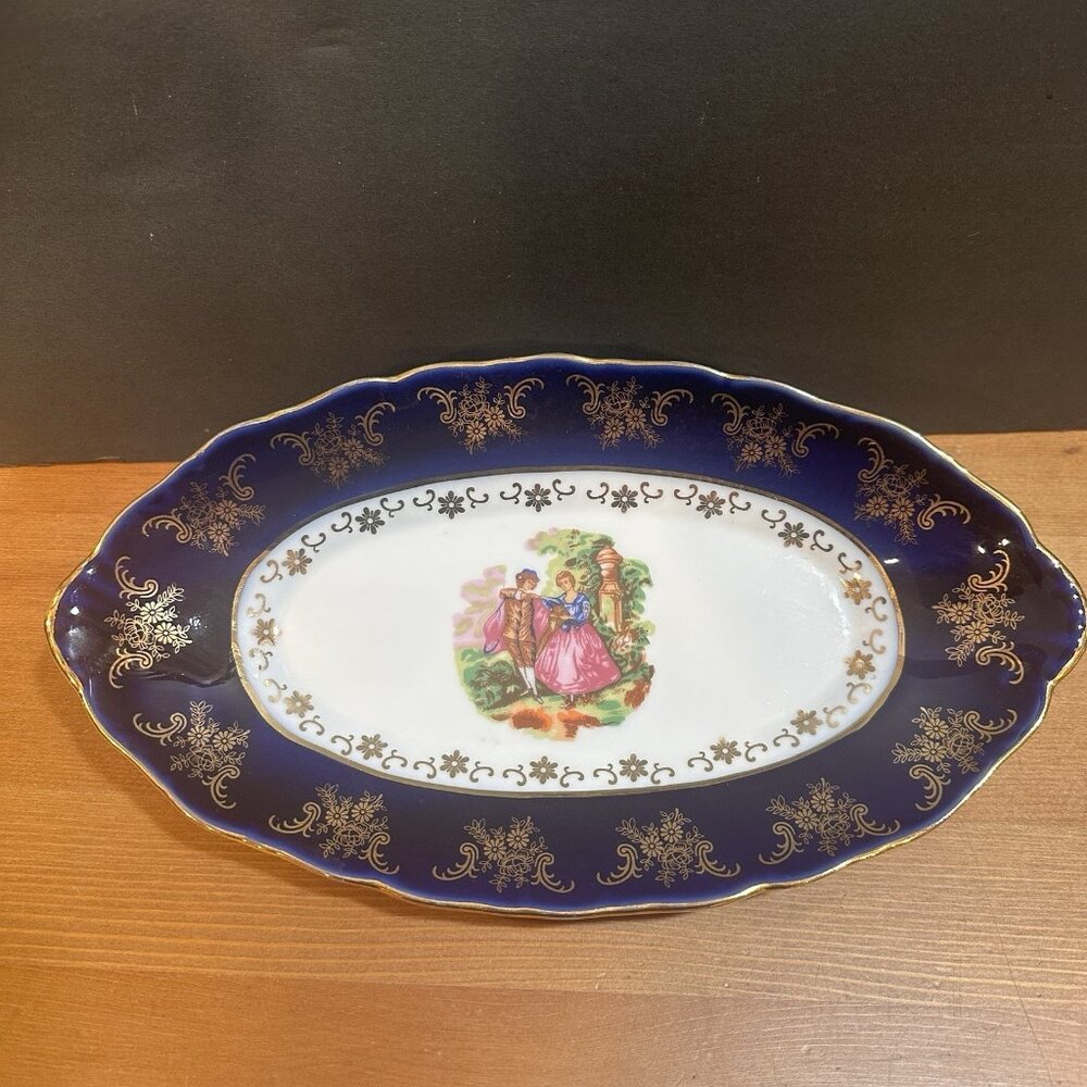 Vintage Cobalt Blue Gold Romantic Fragonard Style Oval Serving Platter 10.5"